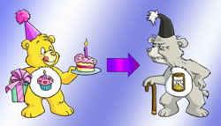 Size: 1443x826 | Tagged: safe, artist:drchrissy, bear, fictional species, mammal, semi-anthro, care bears, birthday bear (care bears), cake, care bear, food, fur, gray body, gray fur, male, older, party hat, present, solo, solo male, yellow body, yellow fur