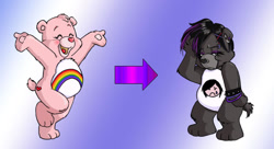 Size: 900x488 | Tagged: safe, artist:drchrissy, cheer bear (care bears), oc, oc:emo bear, bear, fictional species, mammal, semi-anthro, care bears, black body, black fur, care bear, emo, eyes closed, female, frowning, fur, open mouth, pink body, pink fur, smiling, solo, solo female