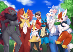 Size: 1280x905 | Tagged: safe, artist:╰狼龍(wolflong), braixen, cinderace, delphox, fictional species, human, lucario, mammal, primarina, zoroark, anthro, humanoid, nintendo, pokémon, 2020, 3 fingers, 5 fingers, accessories, amber eyes, arched back, arm tuft, athletic, athletic anthro, athletic female, beanie, belly button, big breasts, big ears, black body, black fur, blonde tail, blue body, blue eyes, blue fur, blushing, breasts, brown hair, butt, butt blush, cheek fluff, chest fluff, claws, clitoris, clothed male nude female, clothes, cloud, curvaceous, curvy figure, detailed background, ear fluff, ears, eyebrows, eyelashes, featureless breasts, female, female focus, fluff, fur, gem, gesture, glistening, glistening body, gray body, group, hair, hair accessory, half closed eyes, hand on hip, harem, hat, headwear, hourglass figure, larger female, long hair, long tail, looking aside, looking at each other, looking at you, looking back, looking back at you, looking forward, male, multicolored fur, multicolored hair, narrowed eyes, nature, nudity, orange body, orange eyes, orange fur, outdoors, pink eyes, plant, pokémon trainer, pose, red body, red fur, shadow, shirt, short hair, short tail, shoulder fluff, size difference, sky, smaller female, solo focus, standing, starter pokémon, tail, tail fluff, thick thighs, thighs, thumbs up, tongue, topwear, tree, two toned body, two toned fur, two toned hair, voluptuous, wall of tags, white body, white fur, wide hips, yellow body