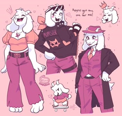 Size: 2048x1960 | Tagged: safe, artist:flamingbiscuit_, toriel (undertale), bovid, fictional species, goat, mammal, monster, anthro, plantigrade anthro, undertale, barefoot, bottomwear, clothes, coat, feet, female, glasses, glasses on head, happy, hat, jacket, mature, mature female, necktie, open mouth, pants, skateboard, skateboarding, smiling, solo, solo female, suit, sunglasses, sunglasses on head, toes, topwear