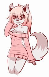 Size: 716x1116 | Tagged: safe, artist:kymmafox, oc, oc only, oc:kymma, canine, fox, mammal, anthro, 2016, breasts, clothes, ear fluff, female, fluff, looking at you, simple background, smiling, solo, solo female, sweater dress, tail, vixen, white background