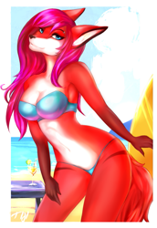 Size: 633x922 | Tagged: safe, artist:xtiji, oc, oc only, oc:roxy (xtiji), canine, fox, mammal, red fox, anthro, 2016, beach, bikini, breasts, cleavage, clothes, female, looking at you, midriff, smiling, solo, solo female, swimsuit, tail, underwear, vixen