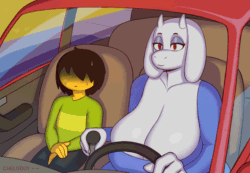Size: 1200x829 | Tagged: suggestive, artist:chelodoy, kris (deltarune), toriel (undertale), bovid, goat, human, mammal, anthro, deltarune, undertale, 2018, absolute cleavage, ambiguous gender, animated, bangs, black nails, bouncing breasts, breasts, car, cleavage, clothes, cockpit, driving, duo, ears, eyebrows, eyelashes, eyeshadow, female, gif, glistening, glistening body, grass, horns, huge breasts, jiggle, makeup, mature, mature female, red eyes, shirt, sidewalk, smiling, sweat, sweatdrop, topwear, vehicle