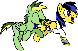 Size: 6868x4564 | Tagged: dead source, safe, artist:mrstheartist, oc, oc only, oc:didgeree, oc:ponyseb 2.0, equine, fictional species, mammal, pegasus, pony, feral, friendship is magic, hasbro, my little pony, absurd resolution, base used, brother, brothers, clothes, didgeseb (brothers), duo, duo male, having fun, male, males only, open mouth, running, siblings, simple background, stallion, sweater, tail, tongue, topwear, transparent background, wings