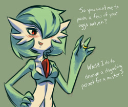 Size: 1480x1240 | Tagged: safe, artist:plague of gripes, fictional species, gardevoir, anthro, cc by-nc, creative commons, nintendo, pokémon, 2016, blushing, breasts, bust, cleavage, dialogue, female, green background, hand on hip, master, open mouth, ring, simple background, solo, solo female, talking, talking to viewer, wedding ring
