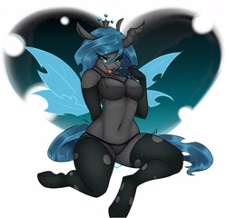 Size: 2114x2031 | Tagged: safe, artist:kennzeichen, queen chrysalis (mlp), arthropod, changeling, changeling queen, equine, fictional species, anthro, unguligrade anthro, friendship is magic, hasbro, my little pony, 2021, anthrofied, belly button, black body, black underwear, bra, breasts, clothes, ears, evening gloves, eye through hair, eyebrow through hair, eyebrows, eyelashes, eyeshadow, fangs, female, fingerless gloves, gloves, green eyes, grin, hair, high res, hooves, horn, insect wings, jagged horn, legwear, lidded eyes, long gloves, looking at you, makeup, midriff, open mouth, panties, sharp teeth, smiling, solo, solo female, spread wings, stockings, tail, teeth, thigh highs, thighs, tongue, tongue out, underwear, wings