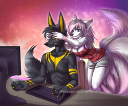 Size: 956x794 | Tagged: safe, artist:imanika, anubis, oc, anubian jackal, canine, jackal, mammal, wolf, anthro, 2015, annoyed, bottomwear, breasts, cleavage, clothes, commission, computer, female, male, multiple tails, shorts, smiling, tail, tank top, topwear, unamused