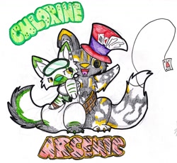 Size: 1280x1178 | Tagged: safe, artist:dragoxxx, canine, dog, husky, mammal, feral, arsenic, chlorine, clothes, duo, duo male, fangs, hat, hug, male, males only, one eye closed, open mouth, periodic table, sharp teeth, sitting, tail, teeth, tongue, traditional art, unamused, winking