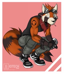 Size: 1104x1280 | Tagged: safe, artist:l-tech-e-coyote-l, oc, oc only, oc:frost loy, mammal, red panda, anthro, bandanna, clothes, goggles, goggles on head, neon, periodic table, pink background, simple background, squatting, tail
