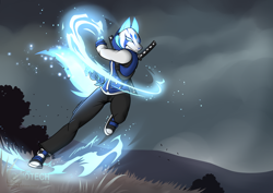 Size: 3507x2480 | Tagged: safe, artist:l-tech-e-coyote-l, oc, oc only, oc:hadwis (l-tech-e-coyote-l), canine, fictional species, fox, kitsune, mammal, anthro, actinium, clothes, cloud, glowing, glowing body, grass, high res, male, mask, periodic table, scenery, sky, solo, solo male, tree