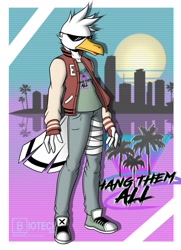 Size: 928x1280 | Tagged: safe, artist:l-tech-e-coyote-l, oc, oc only, oc:gareth wiami, bird, seagull, anthro, abstract background, aesthetic, beak, border, bottomwear, cityscape, clothes, europium, feathers, glasses, jacket, male, palm tree, pants, periodic table, plant, shoes, solo, solo male, sun, sunglasses, synthwave sun, tail, text, topwear, tree, vaporwave, white body, white border
