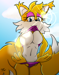 Size: 1800x2300 | Tagged: suggestive, artist:itsjumpjump, miles "tails" prower (sonic), canine, fox, mammal, red fox, anthro, sega, sonic the hedgehog (series), 2018, belly button, big breasts, bikini, black nose, blue eyes, breasts, clothes, dipstick tail, ear fluff, ears, eyebrows, eyelashes, eyeshadow, fangs, female, fluff, fur, hair, looking at you, makeup, mila "tails" prower, multicolored fur, multiple tails, orange tail, rule 63, sharp teeth, sky, solo, solo female, sunlight, swimsuit, tail, tail fluff, tailsko, teeth, two tails, two toned body, two toned fur, vixen, white body, white fur, white tail, yellow body, yellow fur