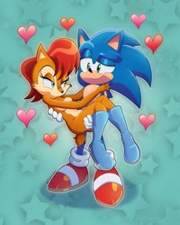 Size: 1611x2014 | Tagged: safe, artist:gaminggoru, princess sally acorn (sonic), sonic the hedgehog (sonic), chipmunk, hedgehog, mammal, rodent, anthro, archie sonic the hedgehog, sega, sonic the hedgehog (series), abstract background, blue eyes, boots, brown body, brown fur, carrying, clothes, duo, eyebrows, eyelashes, female, fur, green eyes, hair, heart, holiday, looking at each other, love heart, male, quills, red hair, shoes, smiling, sneakers, sonally (sonic), tan body, tan fur, valentine's day
