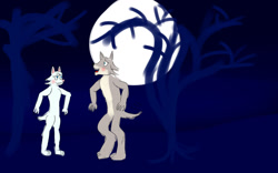 Size: 1280x800 | Tagged: safe, artist:horsesplease, fang (animal crossing), whitney (animal crossing), canine, fictional species, mammal, werewolf, wolf, anthro, animal crossing, nintendo, blushing, duo, female, in love, male, male/female, moon, nudity