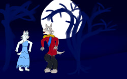 Size: 1280x800 | Tagged: safe, artist:horsesplease, fang (animal crossing), whitney (animal crossing), canine, fictional species, mammal, werewolf, wolf, anthro, animal crossing, nintendo, clothes, dress, duo, female, in love, male, male/female, moon, night, tiara, uniform