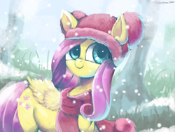 Size: 3993x3000 | Tagged: safe, artist:colochenni, fluttershy (mlp), equine, fictional species, mammal, pegasus, pony, feral, friendship is magic, hasbro, my little pony, 2021, cap, clothes, cute, drawthread, feathered wings, feathers, female, folded wings, grass, hat, head turned, high res, mare, outdoors, scarf, smiling, snow, snowfall, solo, solo female, standing, tail, tree, wings, winter outfit