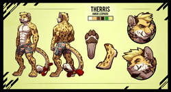 Size: 1848x1000 | Tagged: safe, artist:sorakirbys, oc, oc:therris, amur leopard, big cat, feline, leopard, mammal, anthro, digitigrade anthro, 2017, abs, bell, bow, character name, clothes, color palette, cream body, cream fur, digital art, disembodied foot, fur, hair, male, muscles, partial nudity, paw pads, paws, reference sheet, solo, solo male, spotted fur, tail, topless, underpaw, underwear, yellow body, yellow fur, yellow hair