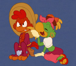 Size: 1024x888 | Tagged: safe, artist:sac2422, josé carioca (disney), panchito pistoles (disney), bird, chicken, galliform, parrot, anthro, disney, mickey and friends, the three caballeros, 2d, angry, banana, clothes, cross-popping veins, crossdressing, cute, duo, duo male, feathers, food, fruit, green feathers, male, males only, red feathers, rooster, tail, tail feathers