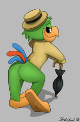 Size: 897x1368 | Tagged: suggestive, artist:strebiskunk, josé carioca (disney), bird, parrot, anthro, disney, mickey and friends, the three caballeros, butt, feathers, gray background, green feathers, looking at you, looking back, looking back at you, male, rear view, simple background, solo, solo male, tail, three-quarter view