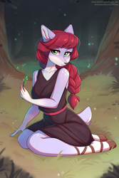 Size: 2002x3000 | Tagged: safe, artist:fensu-san, cervid, deer, mammal, anthro, 2021, braid, clothes, cute, doe, dress, eyebrow through hair, eyebrows, eyelashes, female, fur, grass, green eyes, hair, hand hold, high res, holding, hooves, kneeling, long hair, looking at you, outdoors, purple body, purple fur, red hair, short tail, solo, solo female, tail