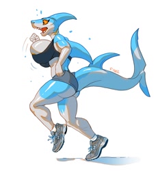 Size: 1000x1067 | Tagged: suggestive, artist:fivel, fish, shark, anthro, blue body, breasts, butt, clothes, female, fins, fish tail, huge breasts, jogging, open mouth, shark tail, sharp teeth, shoes, side view, solo, solo female, tail, teeth, white body, workout clothes