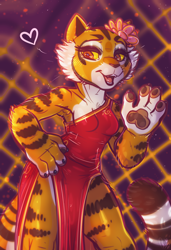 Size: 2050x3000 | Tagged: safe, artist:dimwitdog, master tigress (kung fu panda), big cat, feline, mammal, tiger, anthro, dreamworks animation, kung fu panda, 2020, 4 toes, abstract background, breasts, brown eyes, cheek fluff, clothes, colored sclera, dress, elbow fluff, eyelashes, female, flower, flower on head, fluff, fur, gesture, hand on hip, heart, high res, looking at you, love heart, open mouth, orange body, orange fur, paw pads, paws, side slit, solo, solo female, striped fur, tail, tail fluff, tigress, waving, white body, white fur, yellow sclera