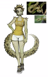 Size: 2564x4096 | Tagged: safe, artist:matilda_fiship, oc, oc only, reptile, snake, viper, anthro, plantigrade anthro, black scales, bottomwear, breasts, clothes, cute, cute little fangs, fangs, female, gray sclera, green eyes, green hair, green scales, hair, hairband, hand on hip, legs, looking at you, one eye closed, open mouth, open smile, scales, short shorts, shorts, simple background, slit pupils, smiling, sneakers, solo, solo female, spikes, spines, tail, tank top, teeth, text, topwear, white background, winking, workout clothes