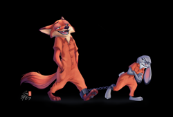 Size: 4000x2700 | Tagged: safe, artist:cartoonmoviesfan, judy lionheart (the lionhearts), nick wilde (zootopia), canine, fox, lagomorph, mammal, rabbit, anthro, plantigrade anthro, disney, the lionhearts, zootopia, bound together, chains, clothes, cuffs, female, frustrated, lidded eyes, male, prison outfit, smiling, unamused