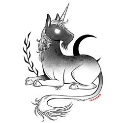 Size: 1080x1080 | Tagged: safe, artist:pararoo, classical unicorn, equine, fictional species, mammal, unicorn, feral, 2021, ambiguous gender, cloven hooves, digital art, fur, glowing, glowing eyes, goatee, grayscale, hair, hooves, horn, leonine tail, lying down, mane, monochrome, prone, side view, signature, simple background, solo, solo ambiguous, tail, white background