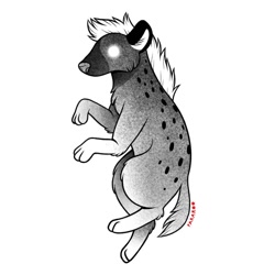 Size: 1080x1080 | Tagged: safe, artist:pararoo, hyena, mammal, spotted hyena, feral, 2021, ambiguous gender, cheek fluff, chest fluff, digital art, fluff, glowing, glowing eyes, grayscale, hair, mane, monochrome, paws, side view, signature, solo, solo ambiguous, tail