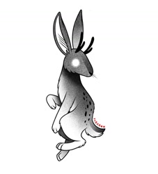 Size: 1080x1189 | Tagged: safe, artist:pararoo, fictional species, jackalope, lagomorph, mammal, feral, 2021, ambiguous gender, antlers, cheek fluff, digital art, fluff, fur, glowing, glowing eyes, long ears, paws, side view, signature, simple background, solo, solo ambiguous, tail, whiskers, white background