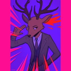Size: 1080x1080 | Tagged: safe, artist:pararoo, louis (beastars), cervid, deer, mammal, anthro, beastars, 2020, abstract background, antlers, bottomwear, brown body, brown fur, cheek fluff, clothes, digital art, fluff, front view, fur, hand in pocket, male, necktie, pants, shirt, solo, solo male, suit, topwear