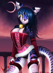 Size: 690x950 | Tagged: safe, artist:tailsrulz, oc, oc only, oc:felicia (tailsrulz), big cat, feline, mammal, tiger, anthro, bell collar, big breasts, bow, breasts, cleavage, clothes, collar, corset, crescent moon, female, garter straps, gloves, legwear, lidded eyes, long gloves, looking at you, moon, see-through, solo, solo female, stockings, yellow eyes