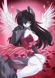 Size: 905x1280 | Tagged: safe, artist:sherr, canine, mammal, wolf, anthro, 2021, black hair, blue eyes, bow, breasts, butt, choker, cleavage, clothes, dress, feathered wings, feathers, female, flower petals, fur, gray body, gray fur, hair, legwear, looking at you, multicolored fur, partial nudity, sitting, solo, solo female, tail, thigh highs, two toned body, two toned fur, white body, white fur, wings