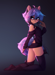 Size: 2906x3904 | Tagged: safe, artist:fardros, michiru kagemori (bna), canine, mammal, raccoon dog, anthro, plantigrade anthro, bna: brand new animal, 2021, abstract background, adorasexy, clothes, cute, digital art, female, gradient background, high res, kneeling, legwear, multicolored eyes, sexy, smiling, solo, solo female, sweater, thigh highs, topwear, two toned eyes, virgin killer sweater