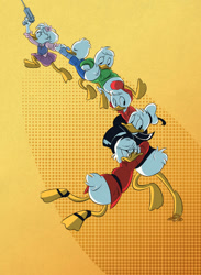 Size: 765x1045 | Tagged: safe, artist:saraplutonium, dewey duck (disney), donald duck (disney), huey duck (disney), louie duck (disney), scrooge mcduck (disney), webby vanderquack (ducktales), bird, duck, waterfowl, anthro, disney, ducktales, ducktales (2017), mickey and friends, 2d, brother, brothers, daughter, father, father and child, father and daughter, feathers, female, group, male, nephew, siblings, triplets, uncle, uncle and nephew, white feathers