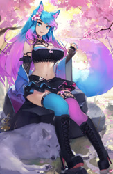 Size: 866x1328 | Tagged: safe, artist:unsomnus, animal humanoid, canine, fictional species, fox, mammal, humanoid, big breasts, blue eyes, boots, bottomwear, breasts, cherry blossoms, choker, clothes, evening gloves, female, fingerless gloves, gloves, high heels, legwear, long gloves, midriff, shoes, silvervale, skirt, solo, solo female, stockings, topwear, vixen, vtuber