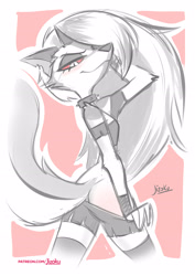 Size: 2480x3508 | Tagged: suggestive, artist:jizokuart, loona (vivzmind), canine, fictional species, hellhound, mammal, anthro, hazbin hotel, helluva boss, 2021, blushing, border, bottomwear, butt, clothes, collar, colored sclera, female, fingerless gloves, fur, gloves, hair, handwear, high res, legwear, long hair, long tail, looking at you, nudity, partial nudity, red sclera, shirt, shorts, shorts pulled down, simple background, slit pupils, smiling, solo, solo female, spiked collar, spikes, tail, topwear, white body, white border, white eyes, white fur