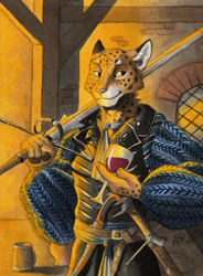 Size: 811x1100 | Tagged: safe, artist:0laffson, oc, oc:enorach, cheetah, feline, mammal, anthro, alcohol, belt, clothes, drink, ears, fur, glass, indoors, medieval, solo, spotted fur, sword, tan body, tan fur, traditional art, weapon, wine