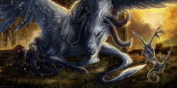 Size: 1772x886 | Tagged: species needed, safe, artist:leilryu, dragon, feathered dragon, fictional species, anthro, feral, final fantasy, square enix, feathers, group, plains, scenery