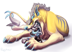 Size: 1200x884 | Tagged: suggestive, artist:rougehund, feline, mammal, rodent, feral, ambiguous gender, duo, licking, mawplay, oral vore, saliva, size difference, tongue, tongue out, vore