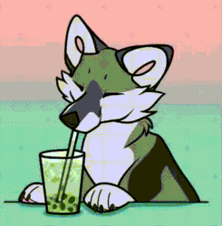 Size: 474x484 | Tagged: safe, artist:pookauwa, oc, oc:luna (pookauwa), canine, fox, mammal, feral, 2d, 2d animation, abstract background, animated, bubble tea, cheek fluff, drink, female, fluff, frame by frame, gif, glass, low res, solo, solo female, straw, vixen