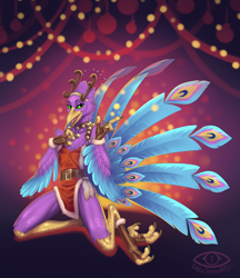 Size: 2592x3000 | Tagged: safe, artist:brewbraid, artist:ladychimaera, oc, oc only, oc:gyro feather, oc:gyro feather (bird), bird, galliform, peafowl, anthro, abstract background, beak, bell, christmas, clothes, costume, feathered wings, feathers, green eyes, high res, holiday, male, nostrils, reindeer antlers, santa costume, signature, solo, solo male, tail, tail feathers, wings
