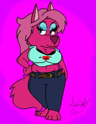 Size: 700x900 | Tagged: suggestive, artist:isaiahtse, oc, oc only, oc:alpine (isaiahtse), canine, mammal, wolf, anthro, belly button, big breasts, blue eyes, breasts, clothes, crop top, female, fur, jeans, magenta body, magenta fur, makeup, pants, slightly chubby, solo, solo female, tail, topwear