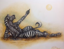 Size: 1296x978 | Tagged: suggestive, artist:teiirka, equine, mammal, zebra, anthro, unguligrade anthro, 2014, black body, black fur, breasts, butt, complete nudity, ears, female, fur, hooves, lying down, nudity, on side, outdoors, pointing, raised hand, rear view, rearboob, solo, solo female, striped fur, tail, traditional art, underhoof, white body, white fur