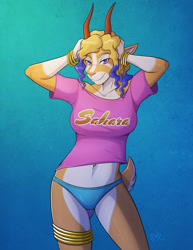 Size: 773x1000 | Tagged: suggestive, artist:kadath, oc, oc:sahara, antelope, bovid, gazelle, mammal, anthro, bedroom eyes, belly button, belly button piercing, blonde hair, blue background, blue eyes, blue hair, bracelet, clothes, crop top, digital art, ears, female, fur, hair, horns, jewelry, looking at you, panties, piercing, shirt, short tail, simple background, solo, solo female, standing, tail, tan body, tan fur, topwear, underwear, white body, white fur
