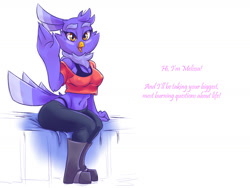 Size: 1600x1200 | Tagged: safe, artist:plague of gripes, bird, bird of prey, owl, anthro, 2016, boots, breasts, cleavage, clothes, crop top, cropped shirt, dialogue, female, melissa (super planet dolan), midriff, nipple outline, shoes, sitting, solo, solo female, super planet dolan, talking, talking to viewer, topwear, waving