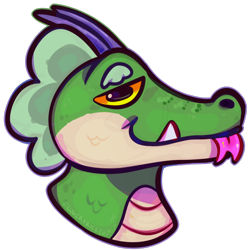 Size: 766x770 | Tagged: safe, artist:flowerfricker, drago (animal crossing), alligator, crocodilian, reptile, ambiguous form, animal crossing, nintendo, 2d, bust, colored sclera, double outline, fangs, looking at you, male, portrait, scales, sharp teeth, signature, simple background, smiling, solo, solo male, teeth, tongue, tongue out, transparent background, yellow sclera