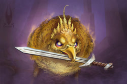 Size: 1280x849 | Tagged: safe, artist:firael, bird, feral, heroes of might and magic, 2021, beak, blue eyes, cheek fluff, colored sclera, digital art, fluff, front view, holding, mouth hold, open mouth, sword, weapon