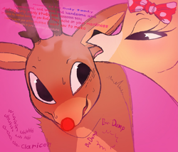 Size: 2049x1751 | Tagged: suggestive, artist:kaboozey, rudolph the red nosed reindeer, cervid, deer, mammal, reindeer, feral, antlers, bashful, bedroom eyes, blushing, bow, brown body, brown fur, clarice (rudolph), couple, dialogue, dirty talk, doe, duo, english text, female, flustered, fur, glowing, glowing nose, heartbeat, male, nervous, nervous smile, onomatopoeia, open mouth, red nose, rudolph the red nosed reindeer (tv special), seductive, smiling, sweat, talking, text, tongue, wavy mouth, whispering
